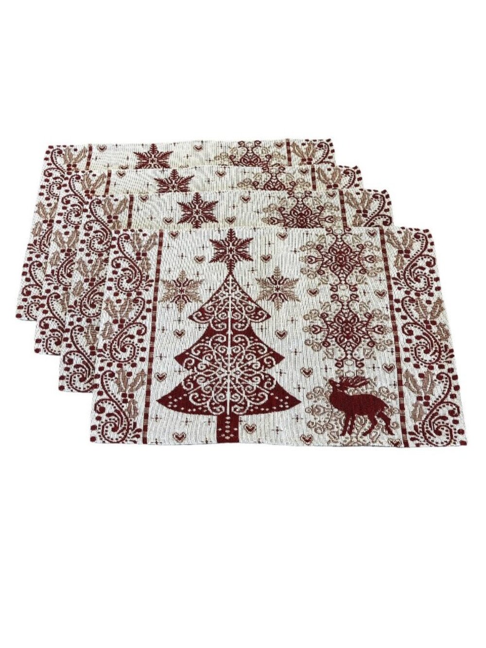 Set 4 Hallmark Placemats Christmas Tapestry Red Beige Tree Reindeer Snowflakes